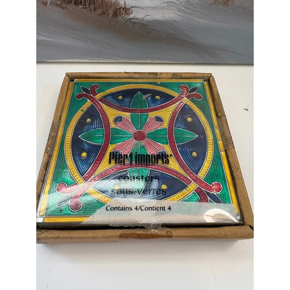 Pier 1 Imports Enamel Coasters Set of 4 Multi Color Stained Glass Style Square